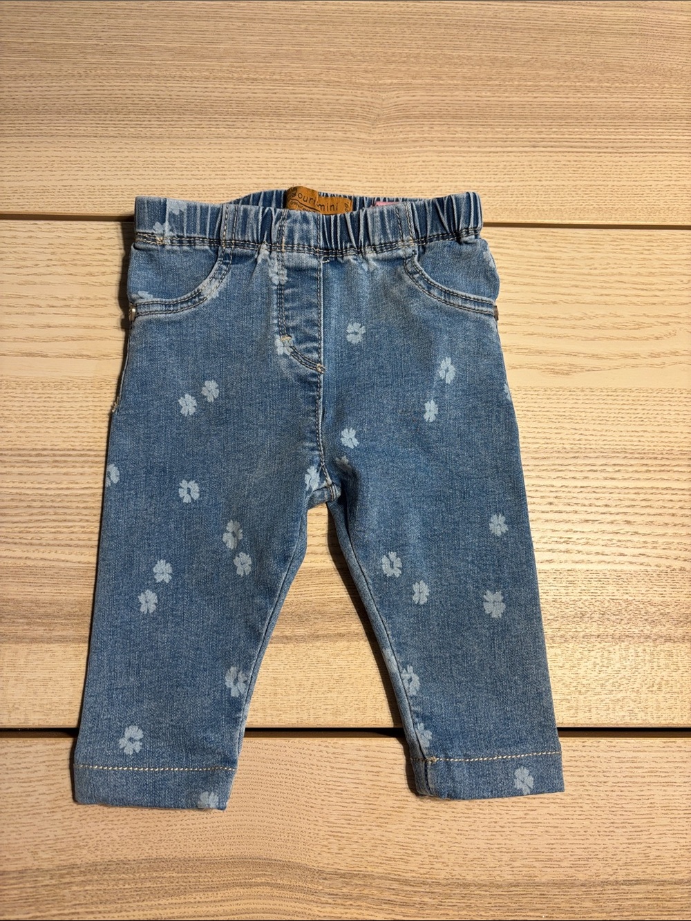 Toddler Floral Print Stretch Denim Pants - Blue